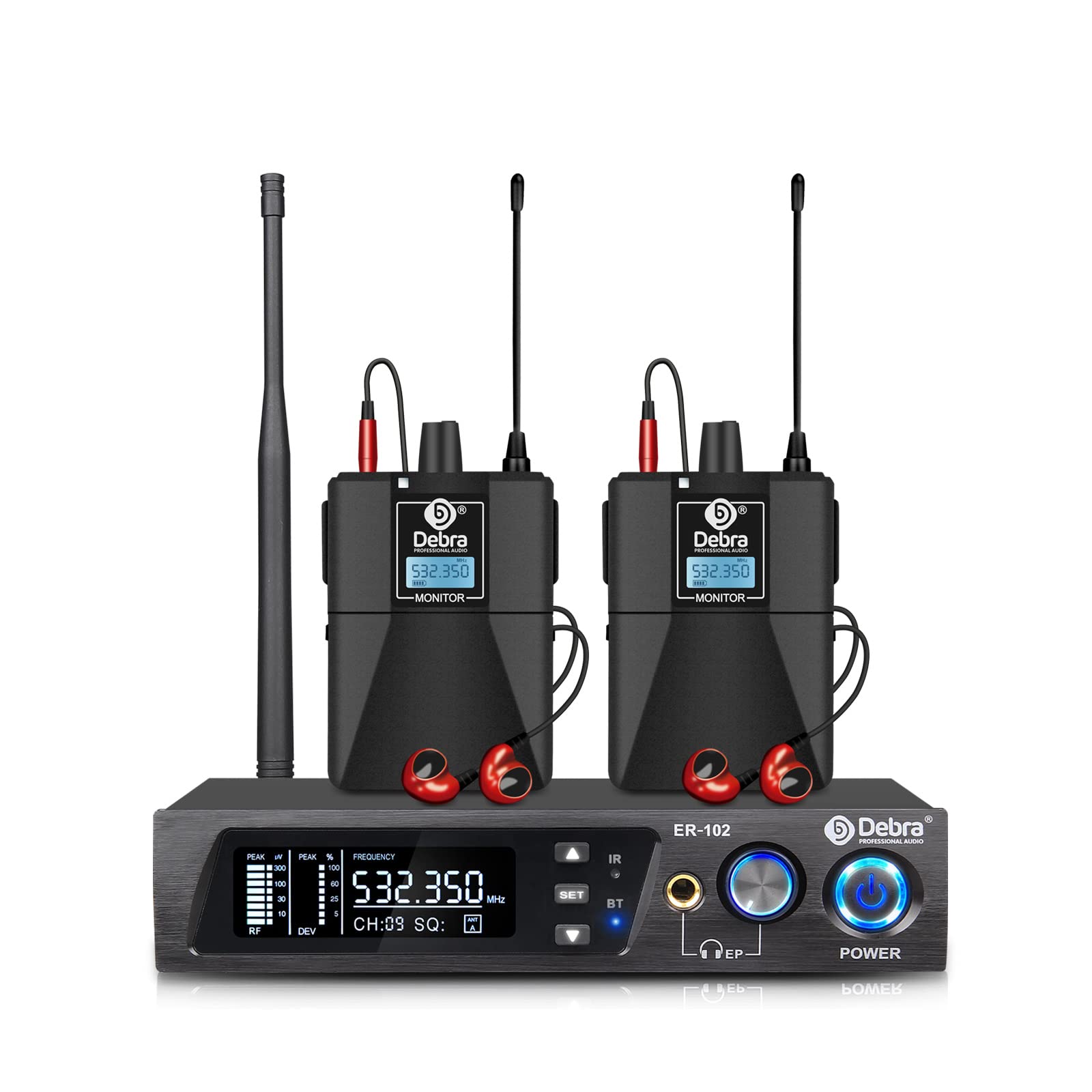 D DebraAudio PRO ER-102 UHF IEM Mono Wireless in Ear Monitor System with Monitoring Type for Stage, Band, Recording Studio,Guitar, Live Performance (Single Channel, 2 Bodypack)