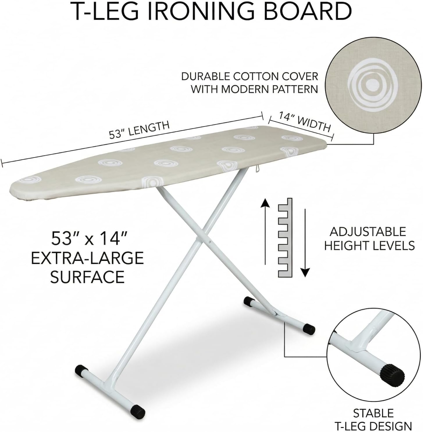 Full-Size Folding Ironing Board with Perforated Steel Top, Adjustable Height up to 35 Inches, Cotton Cover and Pad Included, Lightweight T-Leg Design for Laundry Room and Dorm Storage