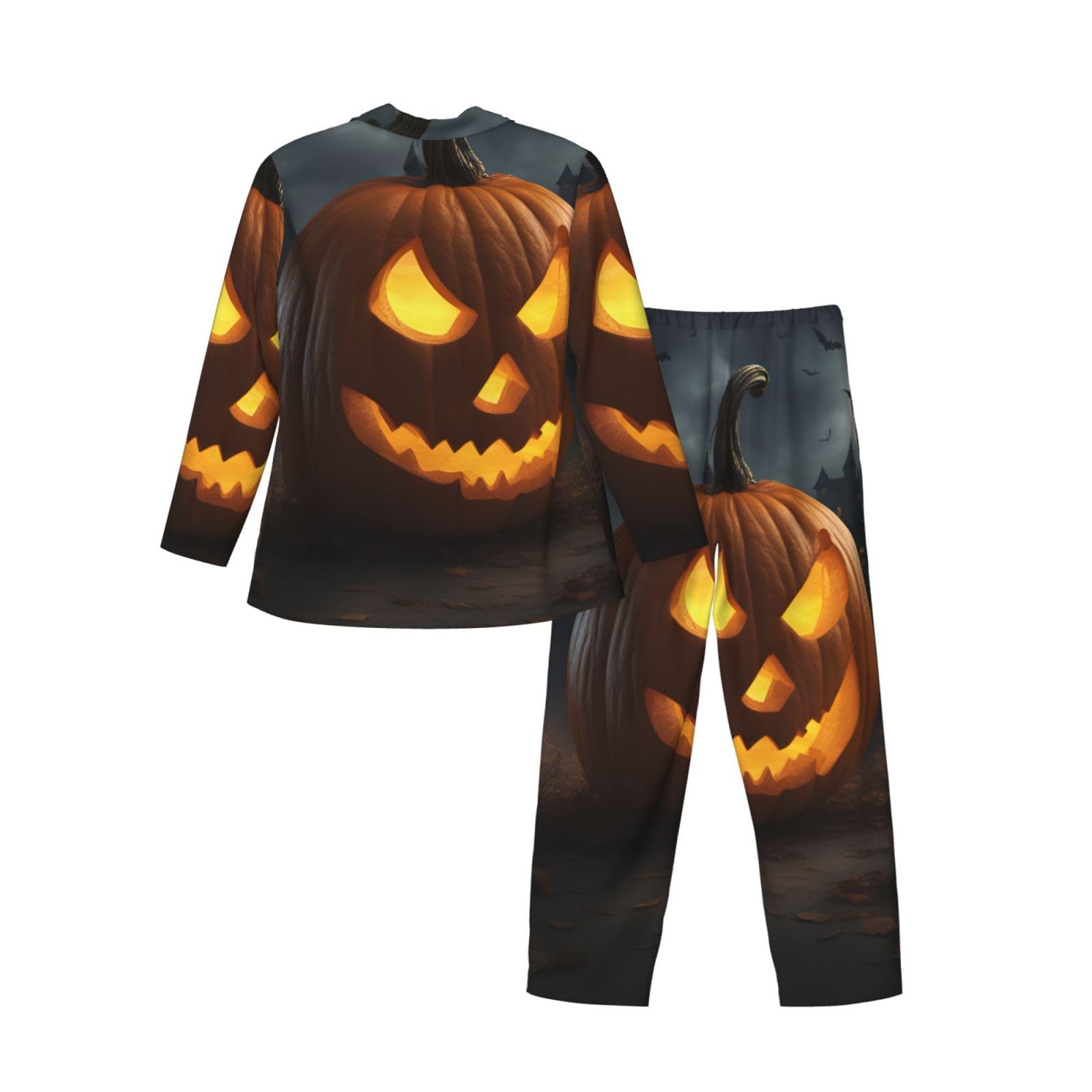 Halloween-Pyjama-Set für Herren, langärmlig, zweiteilig, bequem, Nachtwäsche, mit Kürbismuster