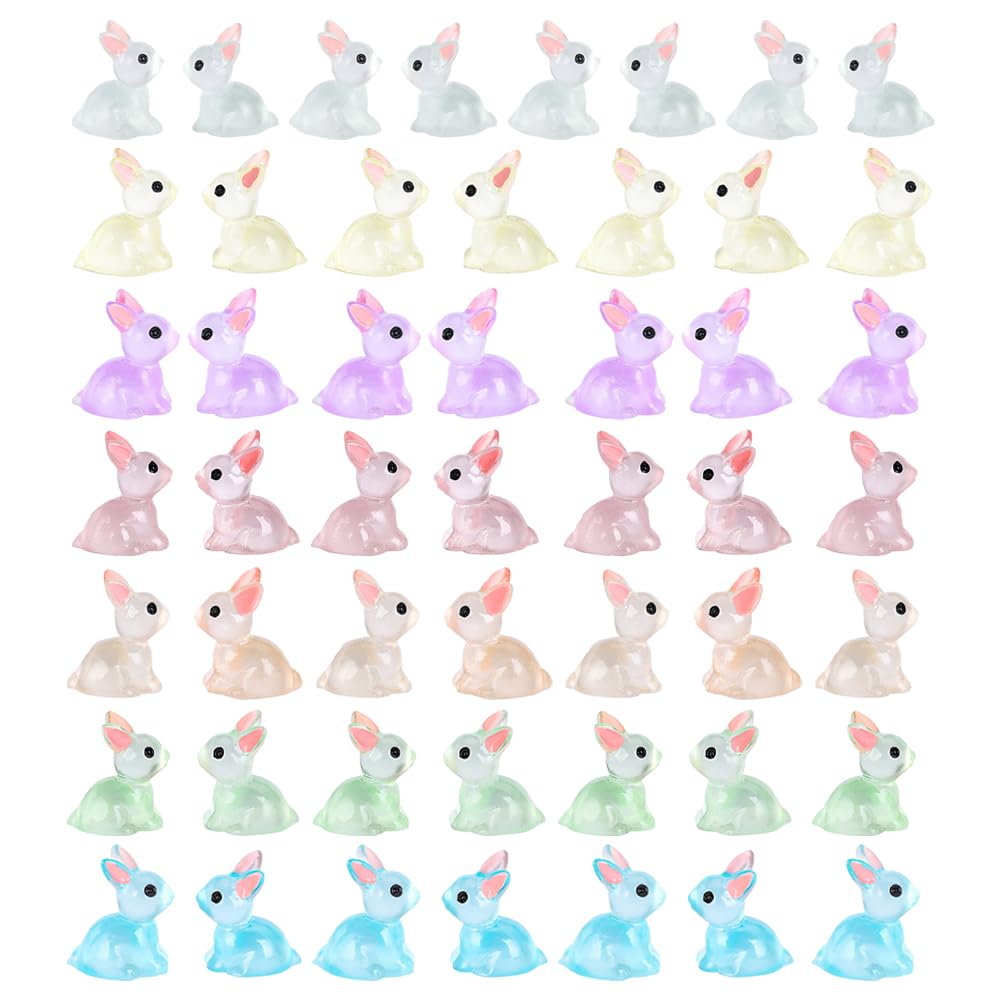 50Pcs Glow in The Dark Miniature Bunnies 7 Colors Mini Rabbit Statue Tiny Rabbit Ornament for Easter Egg Fillers Fairy Garden Decoration