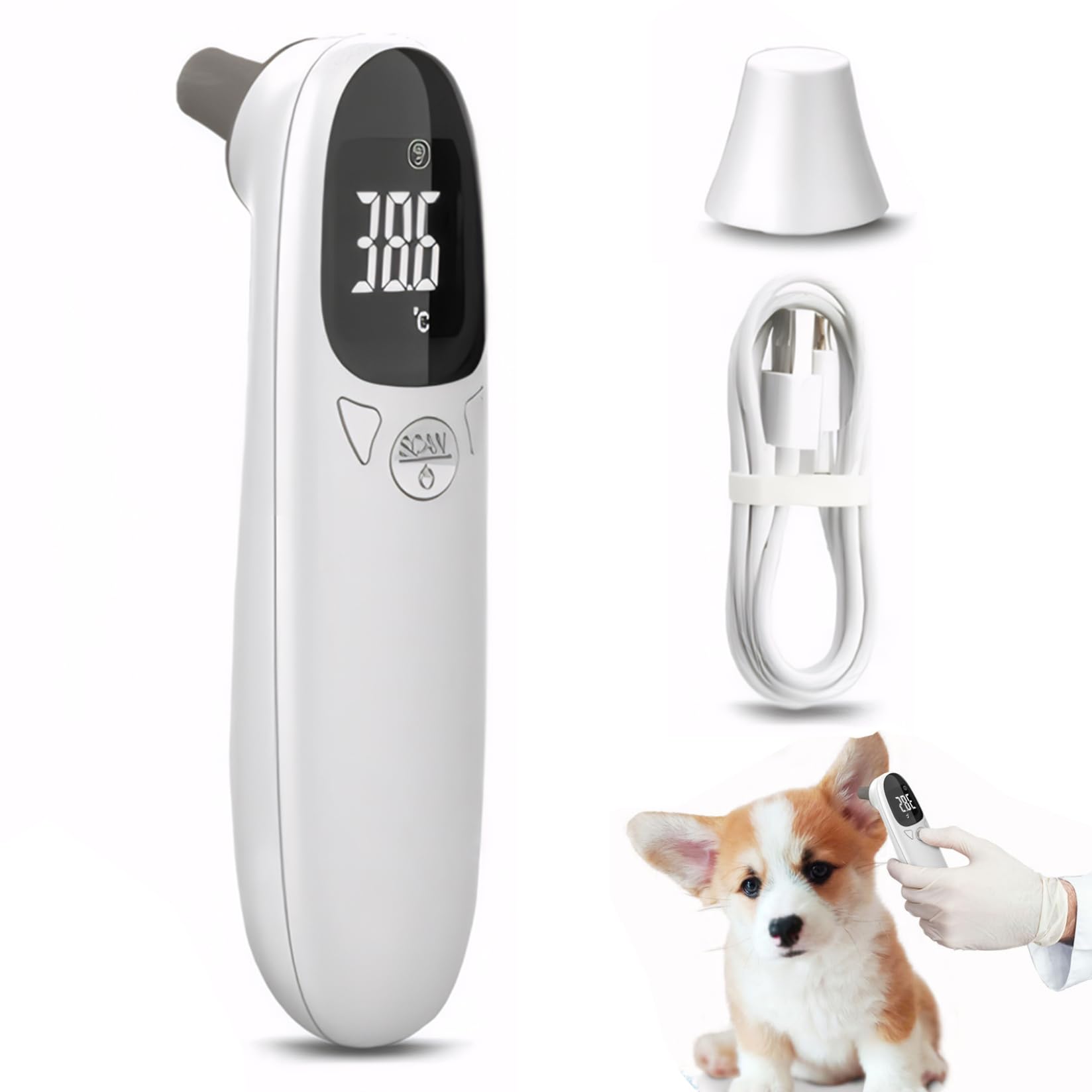 Thermomètre auriculaire, thermomètre auriculaire pour animal de compagnie, température précise de 32 à 42, 9 ℃, numérique rechargeable par USB 5x1, 5 pour chien, chat, cochon, chien