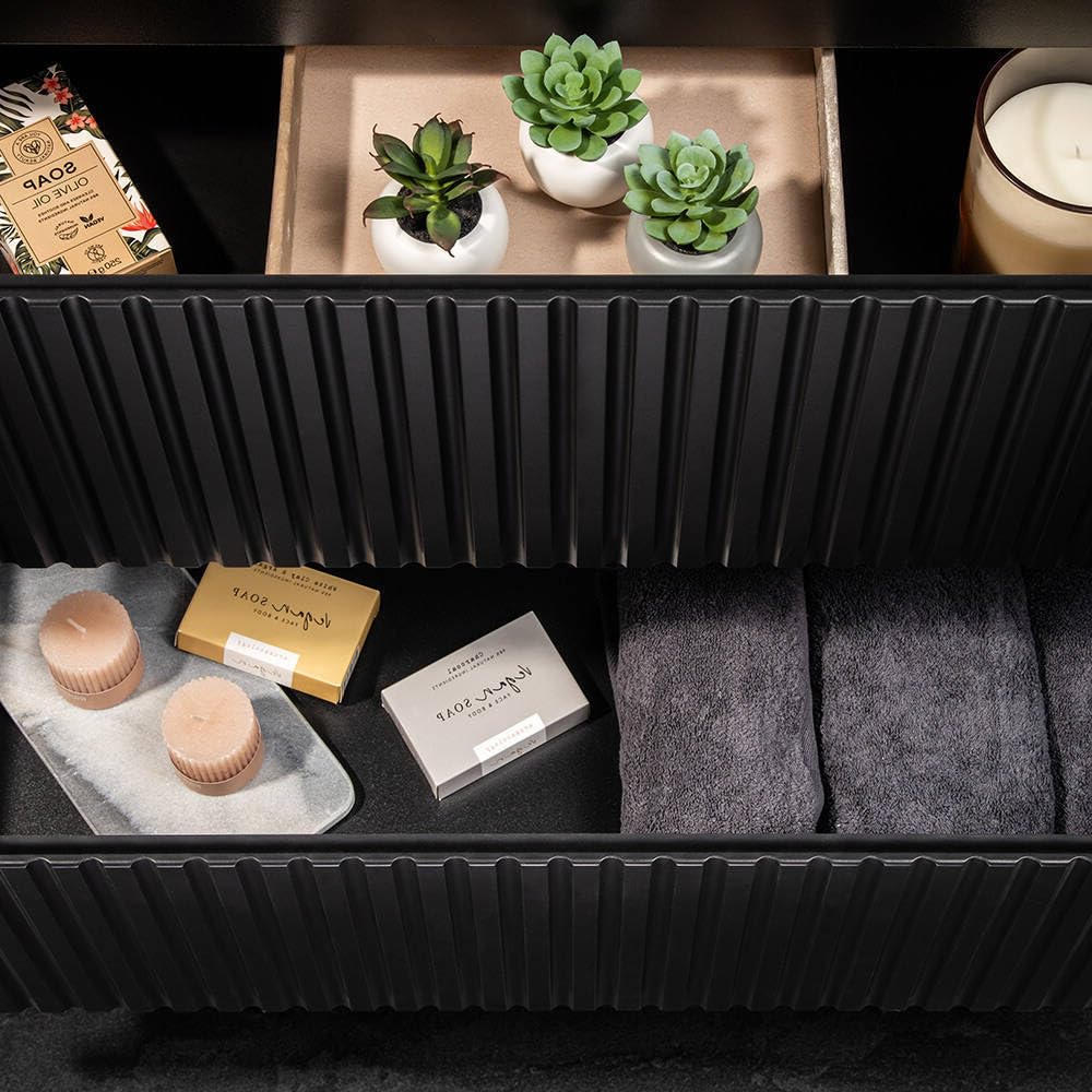 [en.casa] Mobile Sottolavabo NEWPORT da Parete con 2 Cassetti e 2 Armadietti con Ripiano Sottolavandino per Bagno con Frontali Decorativi 120 x 60 x 40 cm - Nero/Effetto Rovere