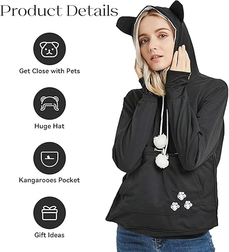 Miniatura 5 de YYW Sudadera con capucha para mujer, sudadera de gran tamaño con capucha para gatos, soporte para mascotas y perros (negro, M)