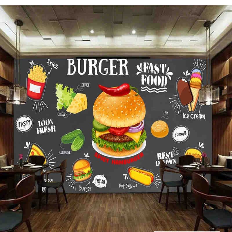 Papel pintado personalizado Retro pared negra pollo frito hamburguesa cartel gourmet restaurante cocina foto pared Mural Papel De pared 3D