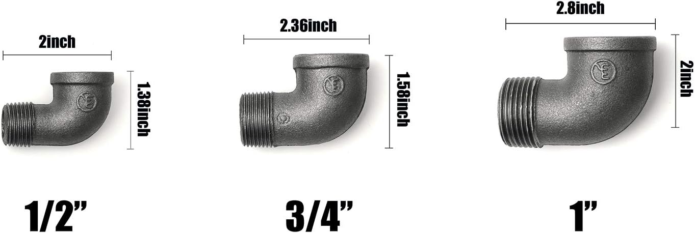 1/2" 90 Degree Pipe Fitting Elbow, Home TZH 1/2" NPT Male X NPT Female Elbow, Threaded Cast Black Malleable Iron for Steampunk Vintage Shelf Bracket DIY Plumbing Pipe Decor Furniture (30, 1/2")