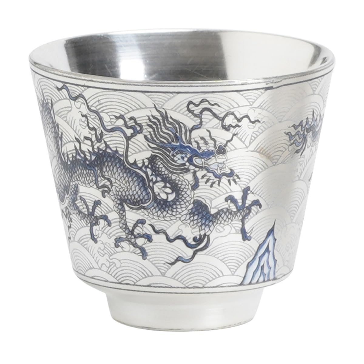 Tasse à thé rétro chinoise en porcelaine bleue et argentée motif serpent kung fu 1 pièce