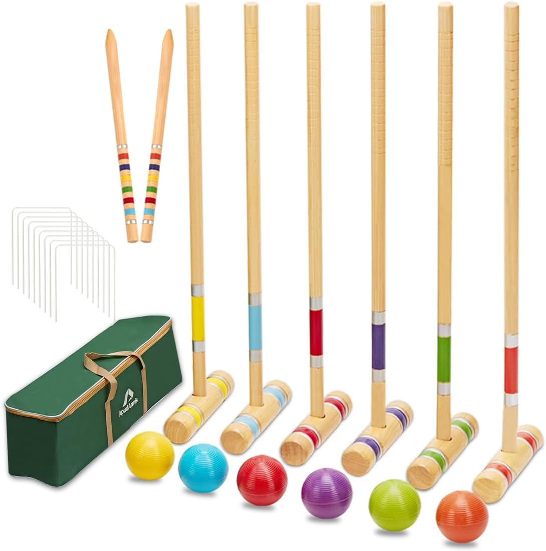 ApudArmis Six Player Croquet Set with Premiun Rubber Wooden Mallets 28In
