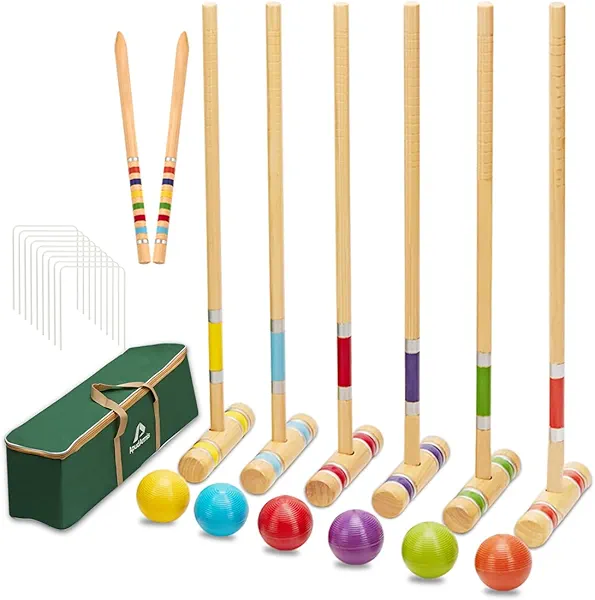 ApudArmis Six Player Croquet Set with Premiun Rubber Wooden Mallets 28In,Colored Ball,Wickets,Stakes - Lawn Backyard Outdoor Game Set for Adults/Teenagers/Family (Large Carry Bag Including)