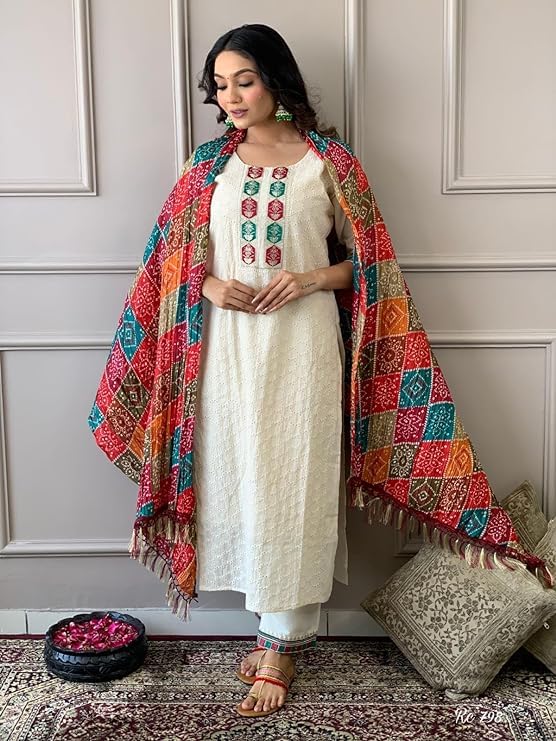 Image of Preeson Women's Pure Cotton Chikankari Emrboidery Kurti With Pant And Dupatta Set