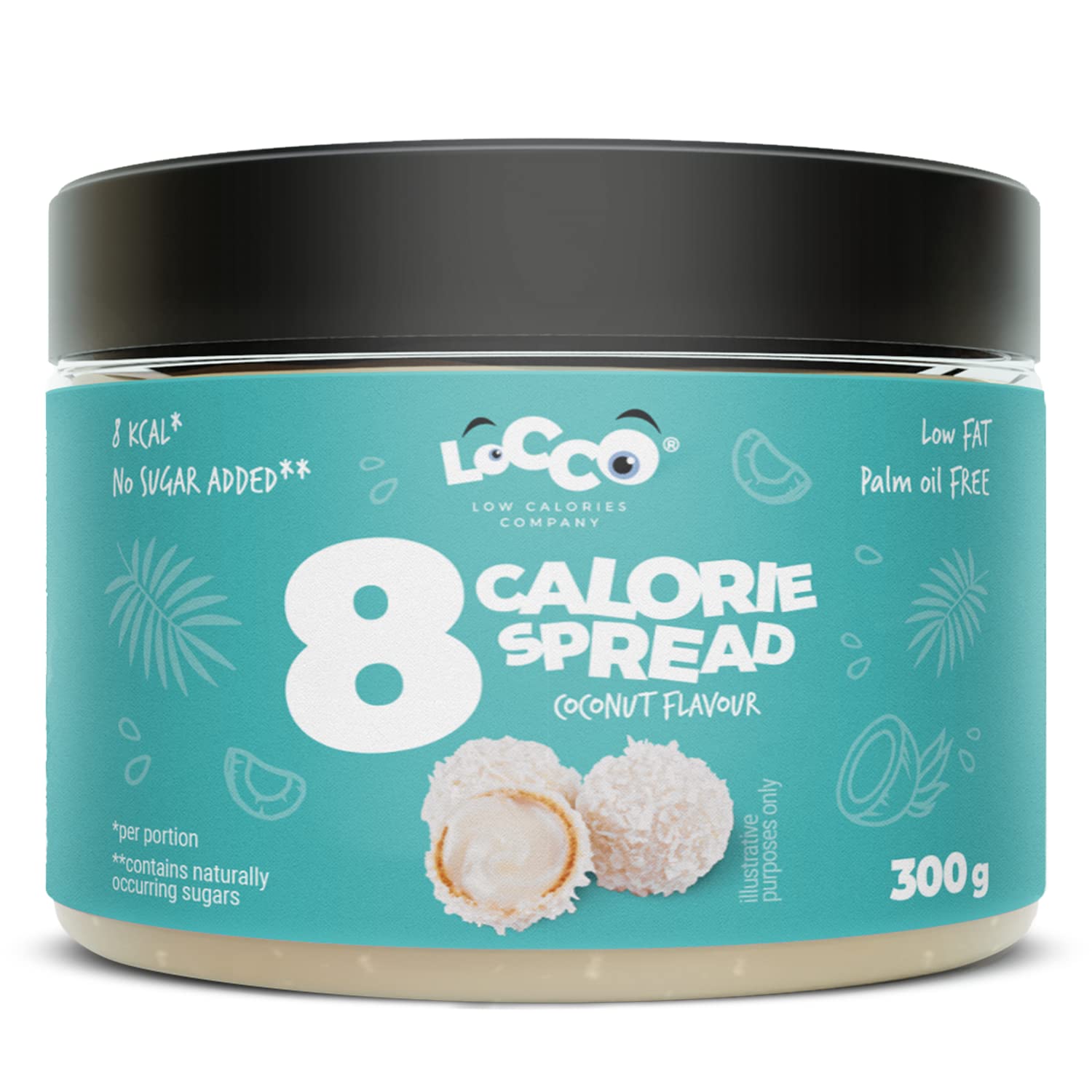 LOCCO LOW CALORIES 8 Calorie Spread Coconut Flavour Only 8 calories per serving Low fat cream No added sugar No palm oil Keto Diet Vegetarian Smooth paste Sweet snack 300 g