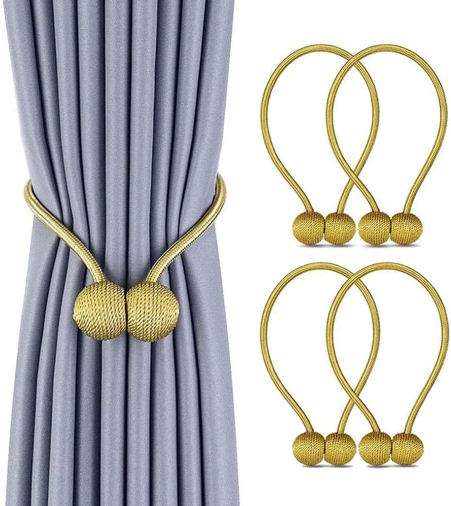 2 Pair Magnetic Curtain Tiebacks Decorative Rope Holdback Holder for Home Kitchen Office Window Sheer Blackout Drapes Golden