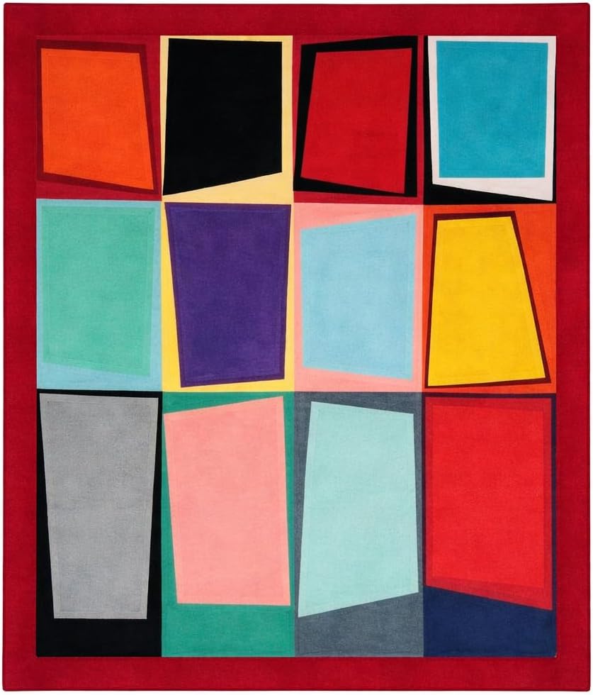 Modern Geometric Area Rug, Red Border with Multicolor Rectangles, Contemporary Abstract Design, Living Room Decor (8 * 10 feet)