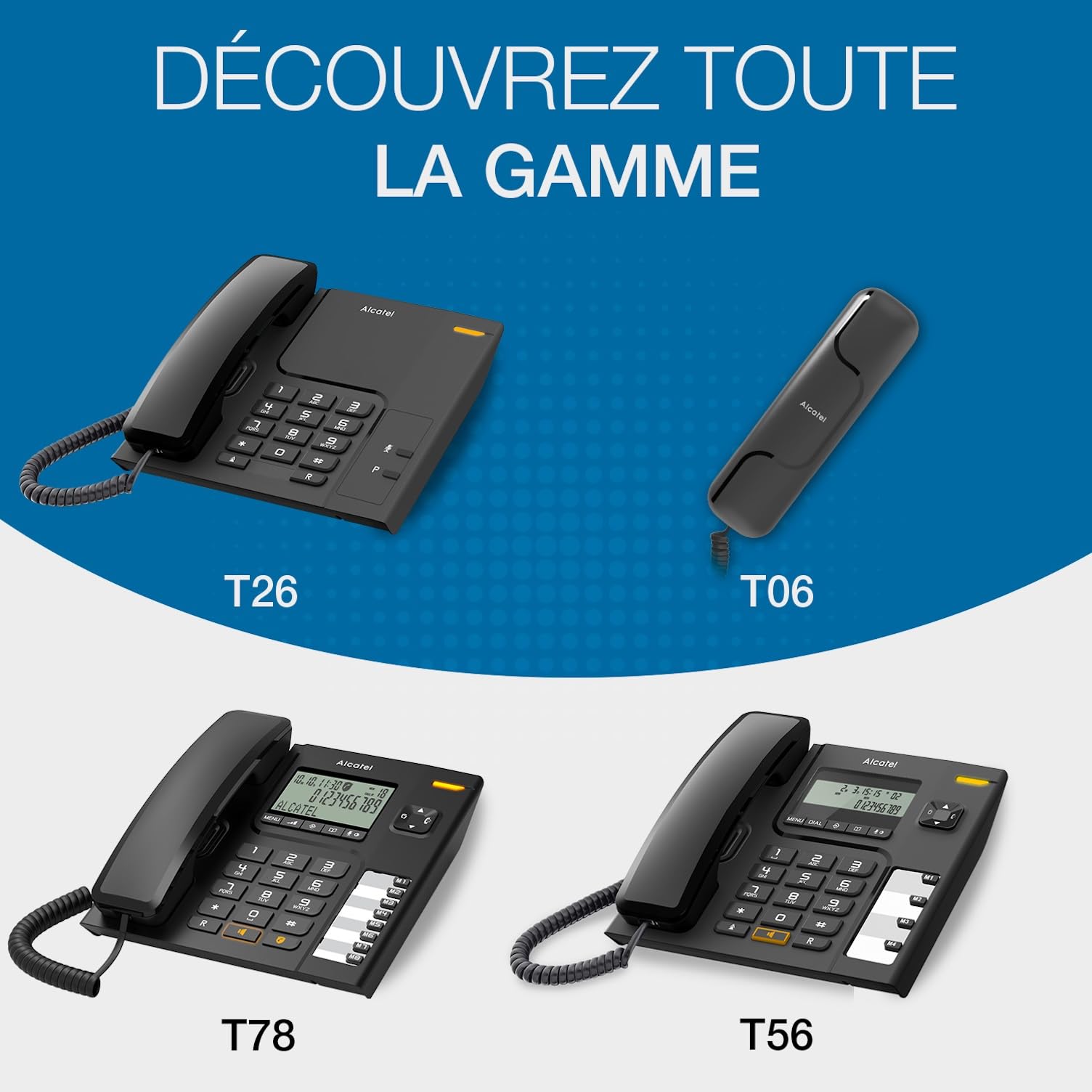 ALCATEL T78 Téléphone Fixe Filaire Grand Écran Alphanumérique Mains Libres Blocage d'Appel Noir