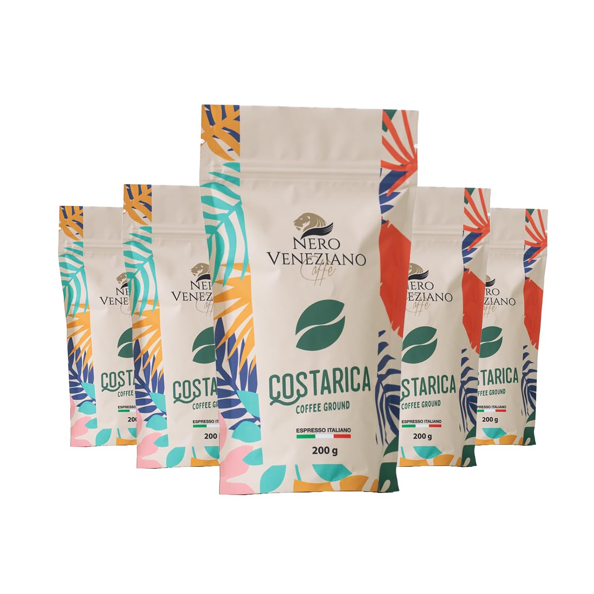 Nero Veneziano Costa Rica Caffè Macinato 5x200 g, 50% Arabica 50% Canephora, Tostatura Media, Note di Bacche Rosse e Agrumi, Corpo Robusto, Bassa Acidità, per MOKA