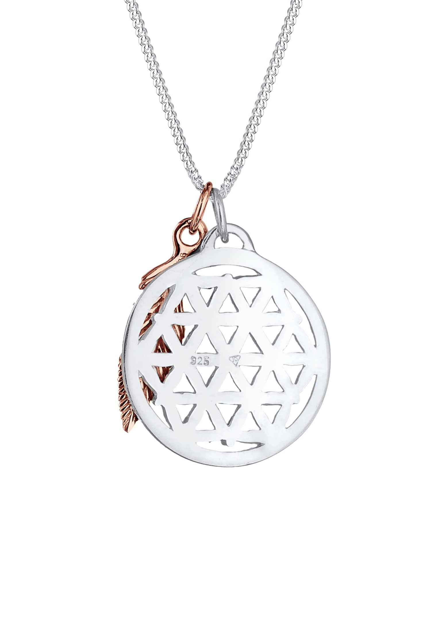 Elli Damen Echtschmuck Halskette Kette Lebensblume Feder Anhänger Bi-Color in 925 Sterling Silber