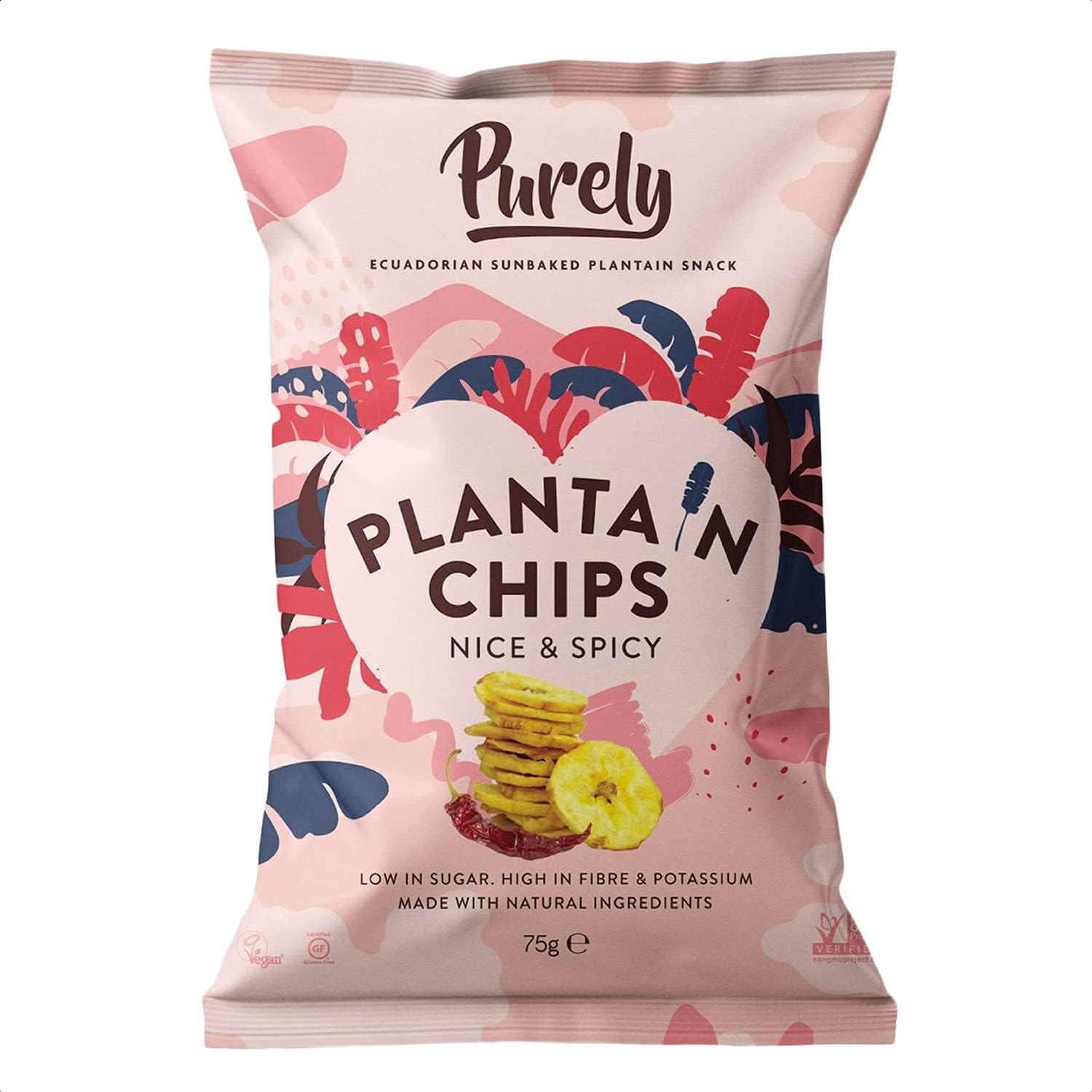 Purely Plantain Chips - Low Fat Plantain Crisps - Gluten Free Snacks - Healthy Alternative Snack Multipack - Vegan, Nutritious & All Natural - Nice & Spicy - 75g x 10 Pack