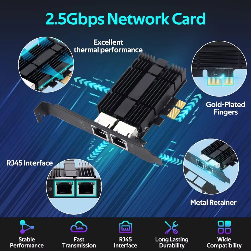 Tarjeta de Red PCIe A RJ45 de 2500 Mbps, Gigabit Ethernet de 2,5 G, Dos Puertos, 100/1000/2500 Mbps, para Ordenador de Escritorio.