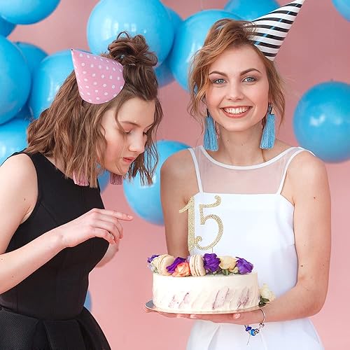 Miniatura 3 de Decoración para tartas con diamantes de imitación de 15 años, decoración dorada para tarta de cumpleaños número 15, decoración de fiesta de