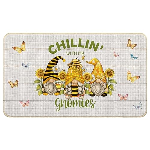 Chicimln Bee Gnome Summer Welcome Mat, Yellow Butterfly Sunflower Gnome Non-Slip Linen Doormat Outdoor Indoor Entrance,Sunflower Door Mat for Entryway Front Door Porch, 17x30 Inch