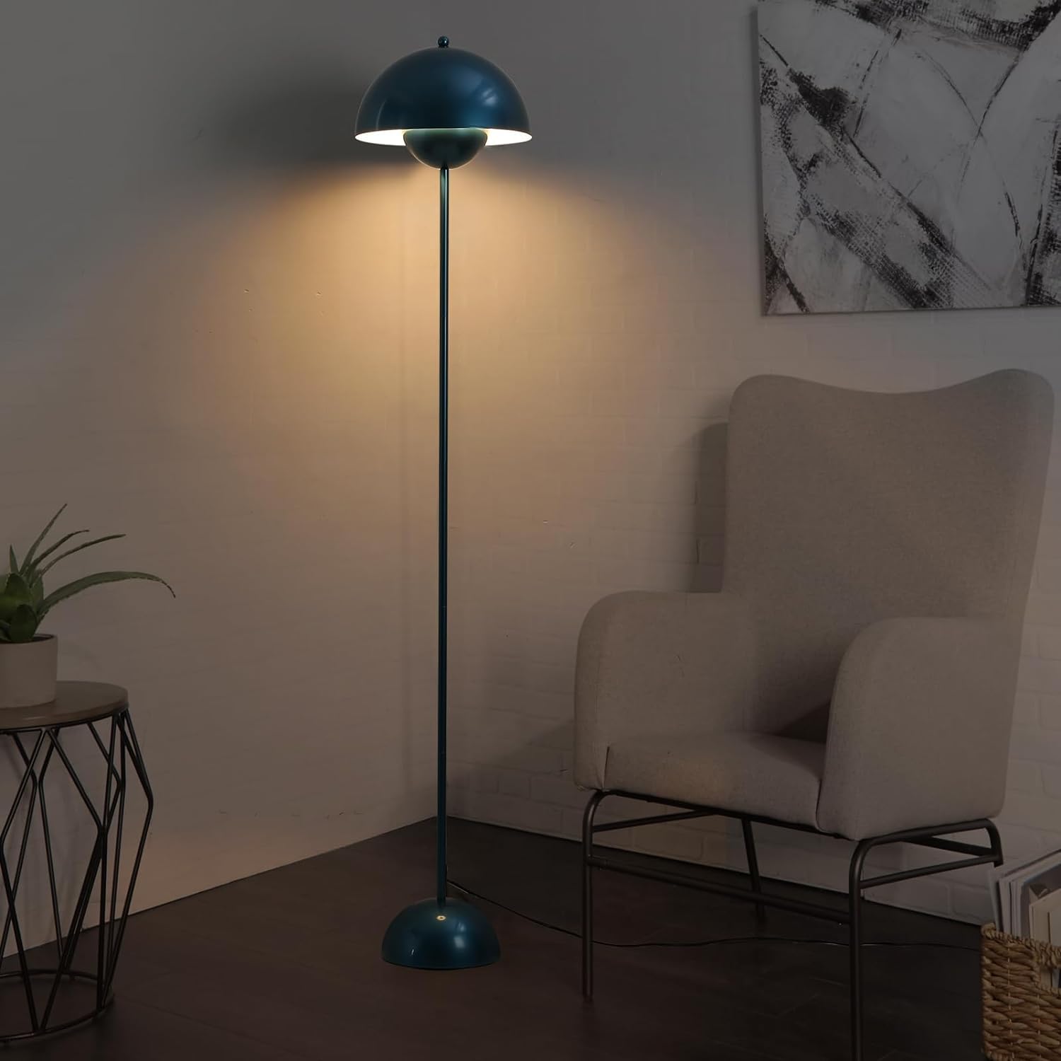 Alpinaluz Lampada da Terra in Metallo con Paralume Bombato – Design Retro Nordico – Luce Indiretta Verso il Basso – E27 – Interruttore a Pedale – Per Salotto e Interni (Blu Marino)