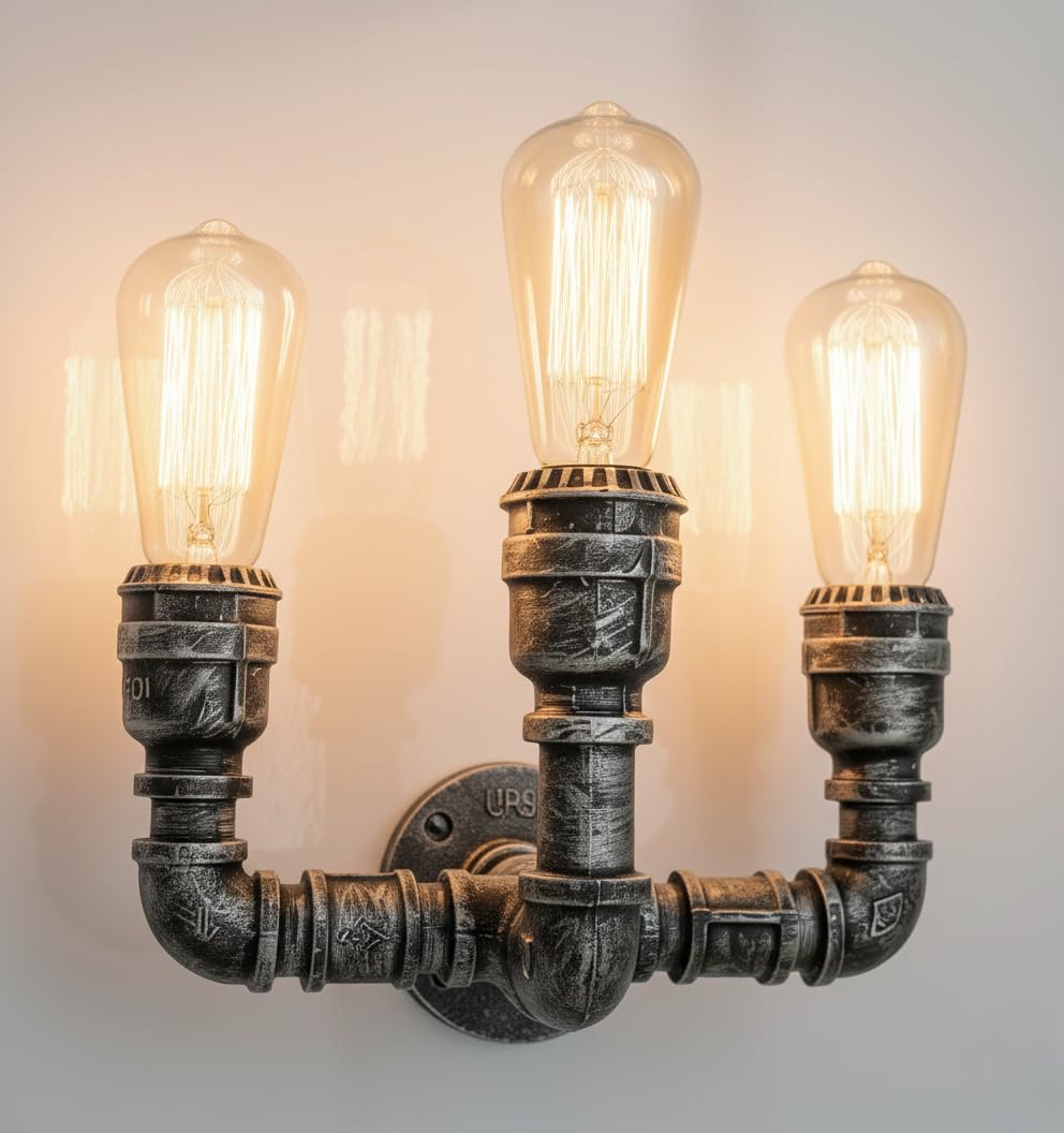 DC VOLTAGE Vintage Industrial 3 Way Water Pipe Wall Light, E27 Steampunk Metal Sconce 2 Pack, Retro Loft Wall Lamp Fixture for Café, Bar, Restaurant, Bedroom, Living Room Décor