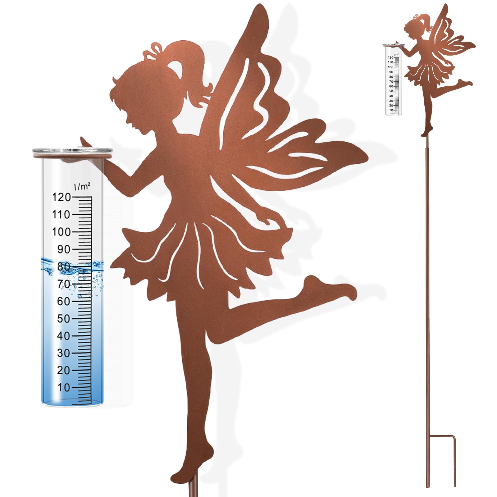 Regenmesser für Garten Niederschlagsmesser, Gartenstecker Elfe stehend Gartendeko 110cm mit stab, Regenwassermessung Rain Gauge Outdoor für Hof,Rasenweg,Durchgang,Terrasse