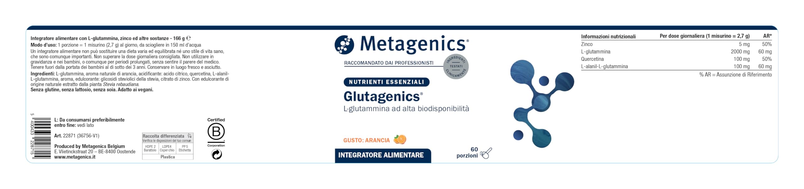 Metagenics Glutagenics ID - Fonte di L-Glutammina, Amminoacido Condizionatamente Essenziale - 60 Porzione