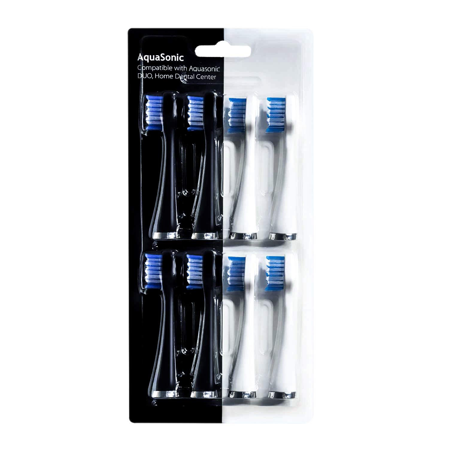 AquaSonic Duo Replacement Brush Heads (8Pack) 4 White & 4 Black DuPont Brush
