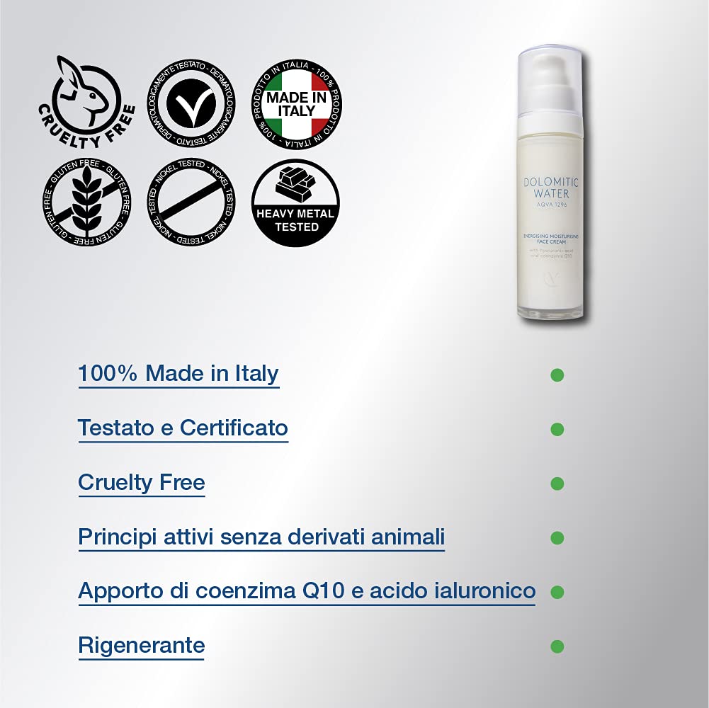 Agua Dolomítica - 50 ml Crema Facial Hidratante Energizante con Ácido Hialurónico y Coenzima Q10