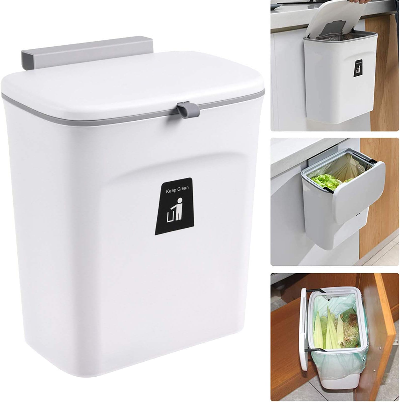 – U HOOME U-HOOME 2.4 Gallon Hanging Trash Can for Kitchen Cabinet Door with Lid, Small Under Sink Garbage Can for Bathroom, Wall Mounted Counter Waste Compost Bin-White