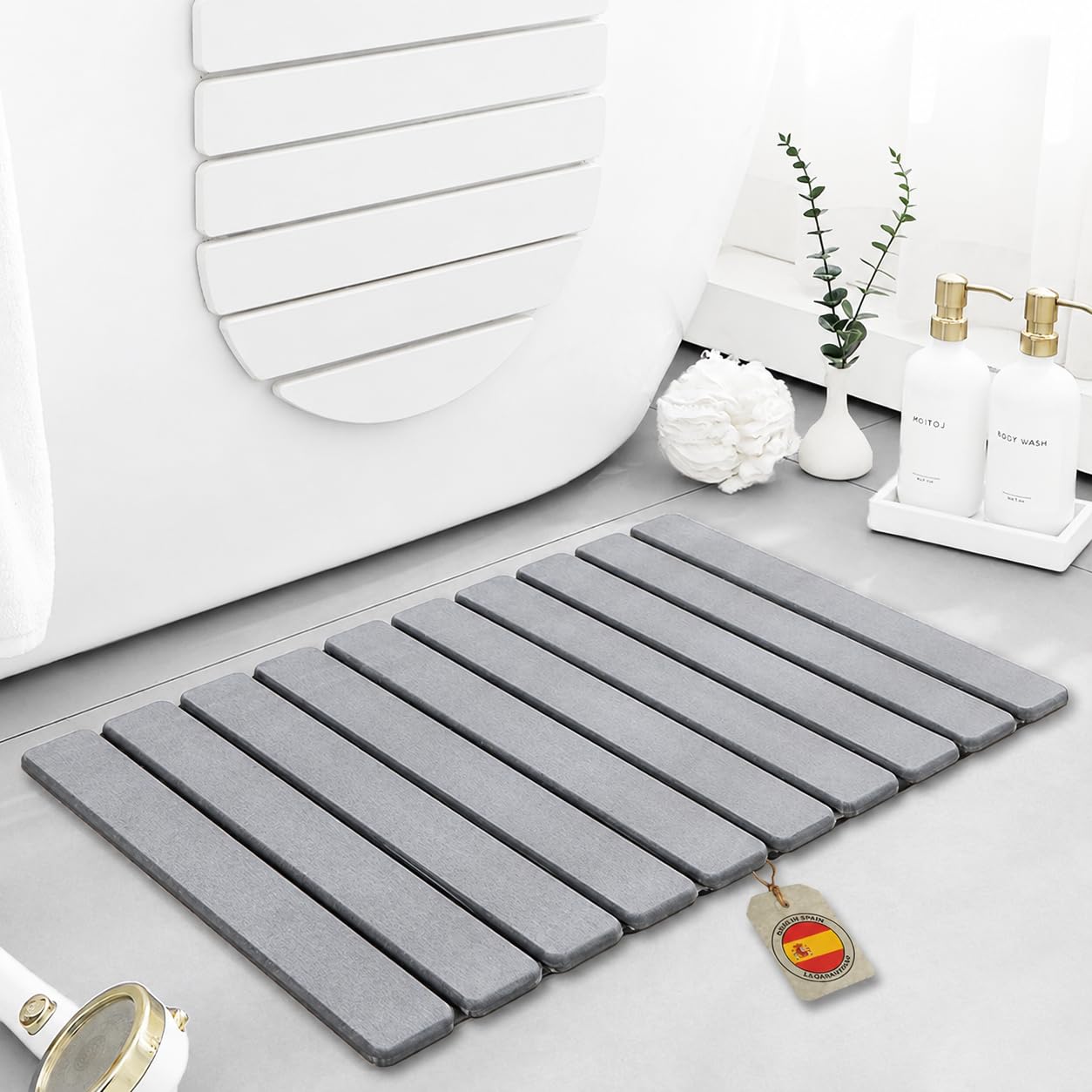 Tapis de douche en diatomite de bain, 60 x 40 cm, pliable, en pierre naturelle Terre de diatomée antidérapante, séchage rapide, ultra absorbant, antibactérien (gris clair)