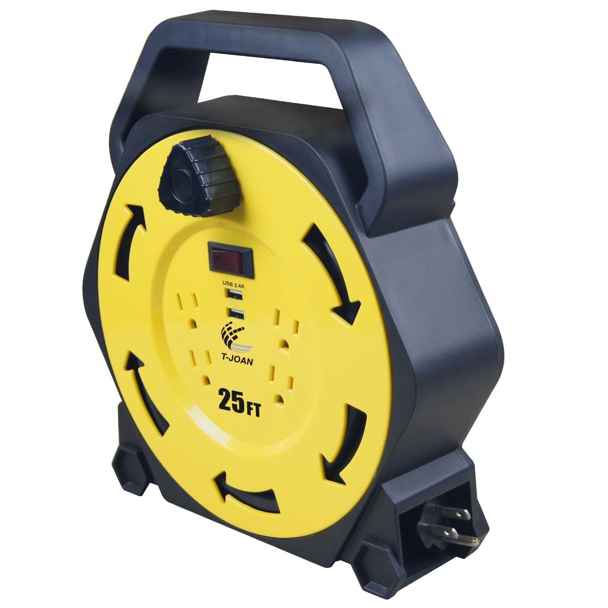 Przedłużacz bębna z kablem zasilającym, 16/3AWG, 4 gniazda uziemiające, 2 USB 3.4A, wyłącznik 13A, UL Yellow Listing