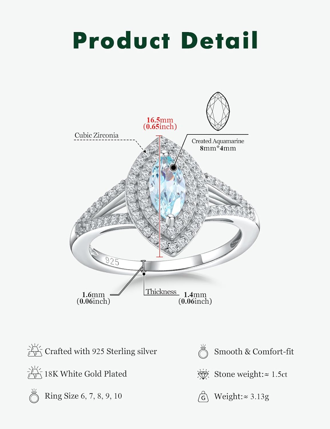Marquise Engagement Ring 925 Sterling Silver Created Sapphire/Emerald/Ruby/Aquamarine Gemstone Double Halo Wedding Promies Rings Anniversary Jewelry Size 6-10 - Image 6