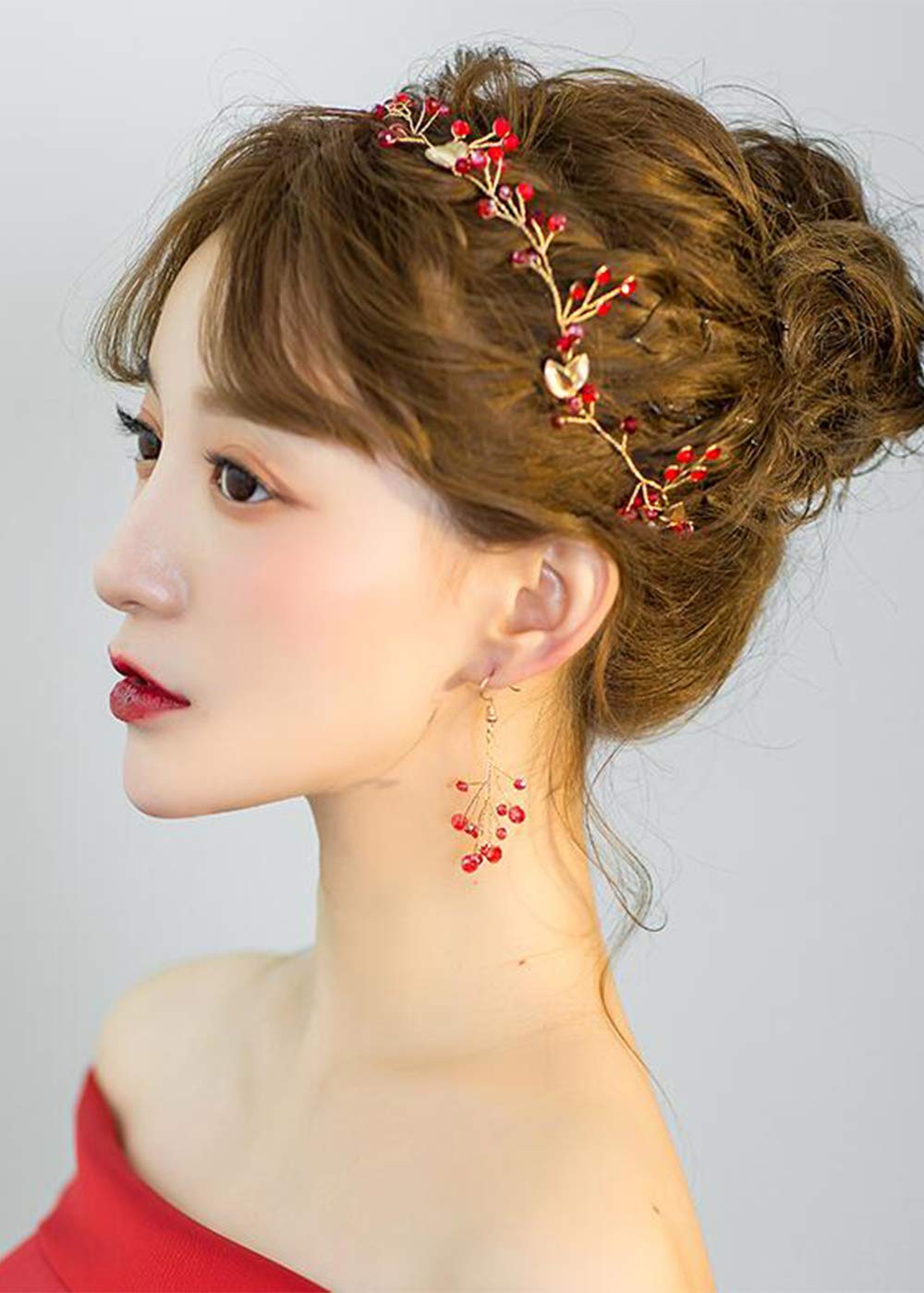 Missgrace Crystal Red Leaf Hair Vine, Earrings, and Headband for Vintage Wedding, Birthday, Party, Halloween - Women's Hair Jewelry image 3