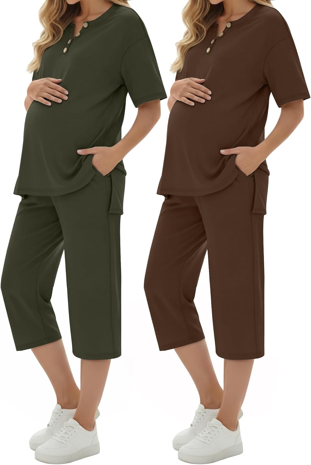 Maternity Outfit for Women 2 Pack Soft Postpartum Pajamas Lounge Set Summer Short Sleeve Top Wide Leg Capri Pants