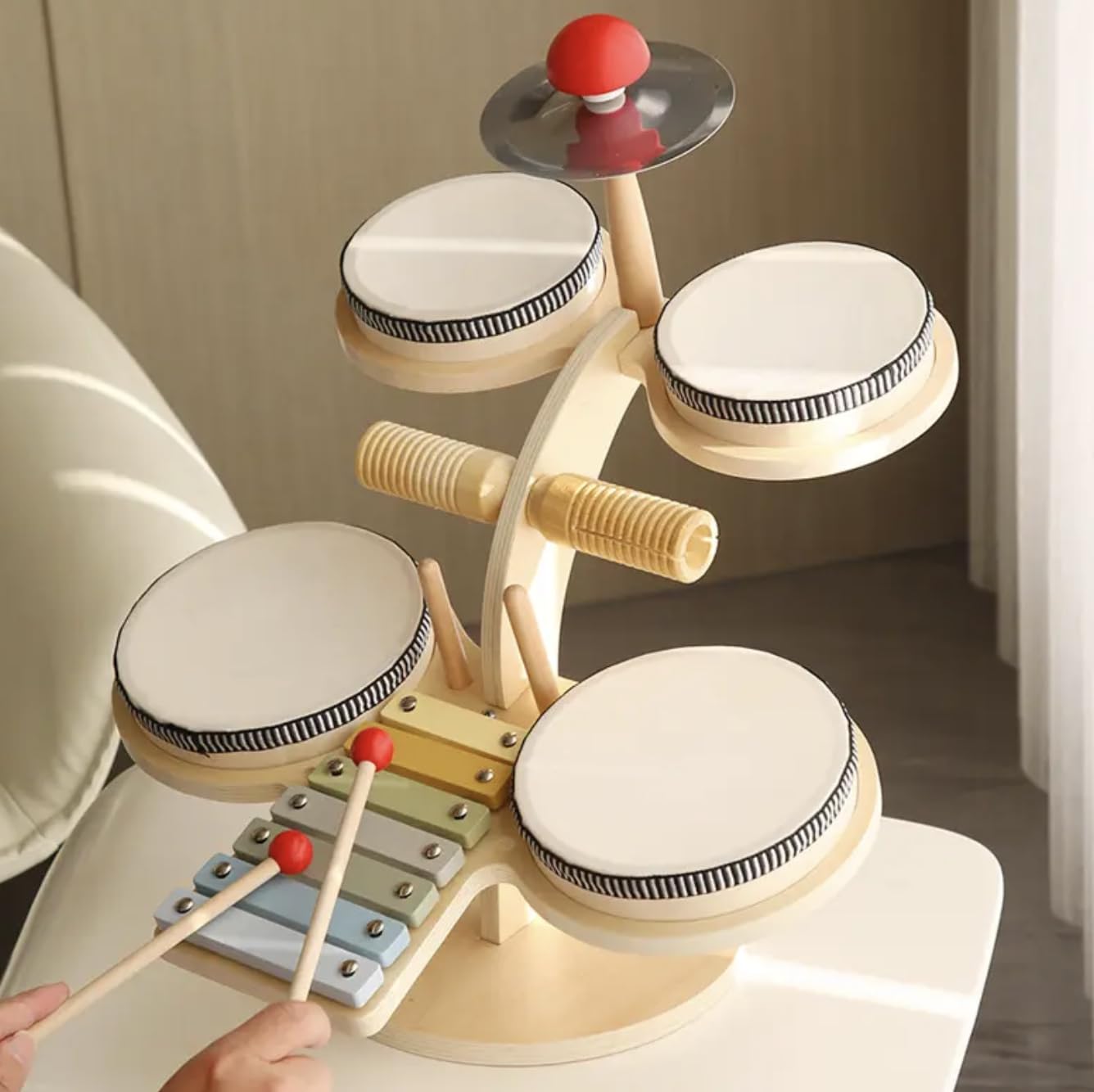 Urdhva Retail Wooden Montessori Musical Instrument DRM Set Table for Kids - Includes Drum Set, Cymbal and Bells, Xylophone Toy Set | Percussion Musical Set (Multi Functional Drum Set)-image-30