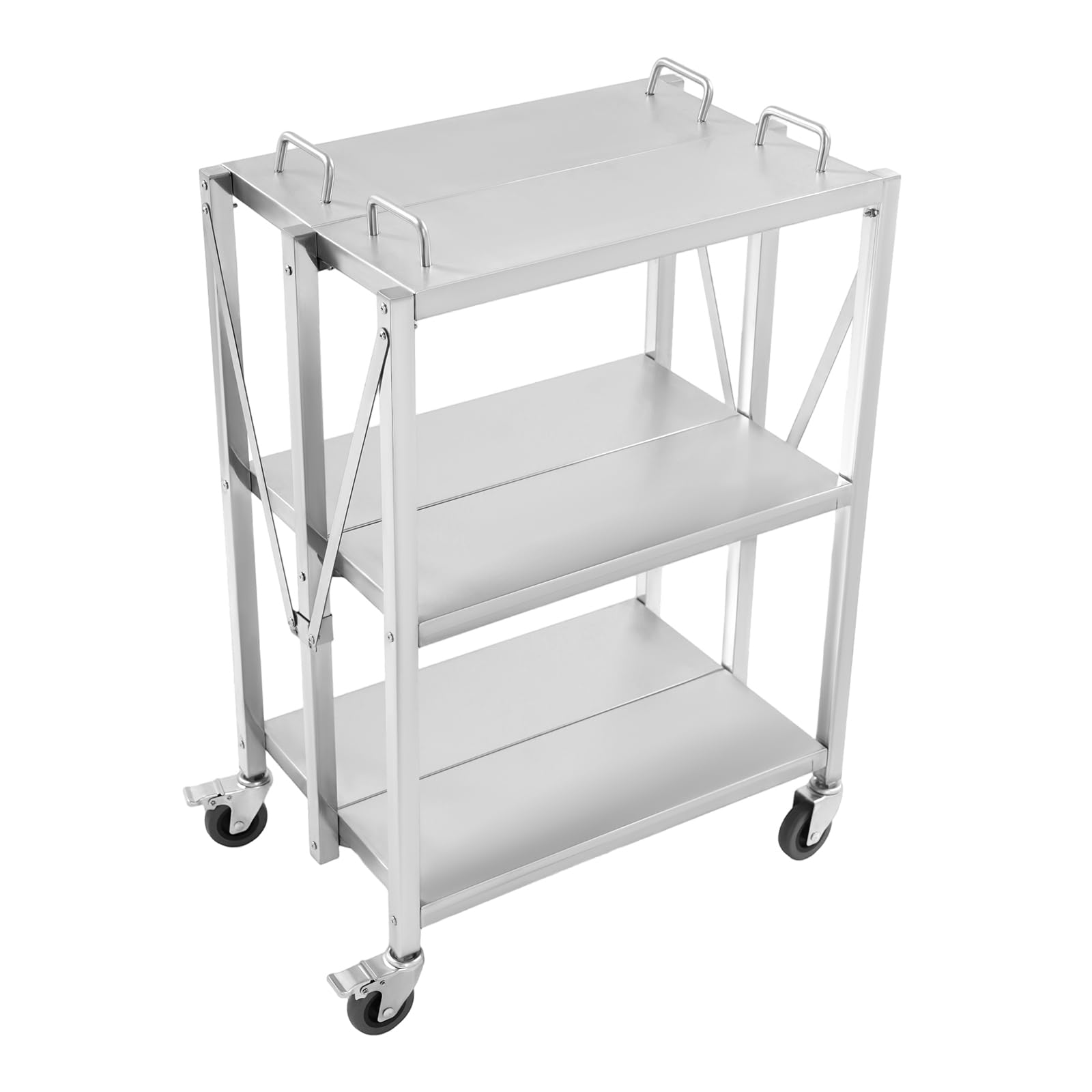 Carrito de servir plegable de 3 niveles, de color plateado, de acero inoxidable, para cocina, restaurante, cafetería, bar, hotel, 63 x 40 x 95 cm