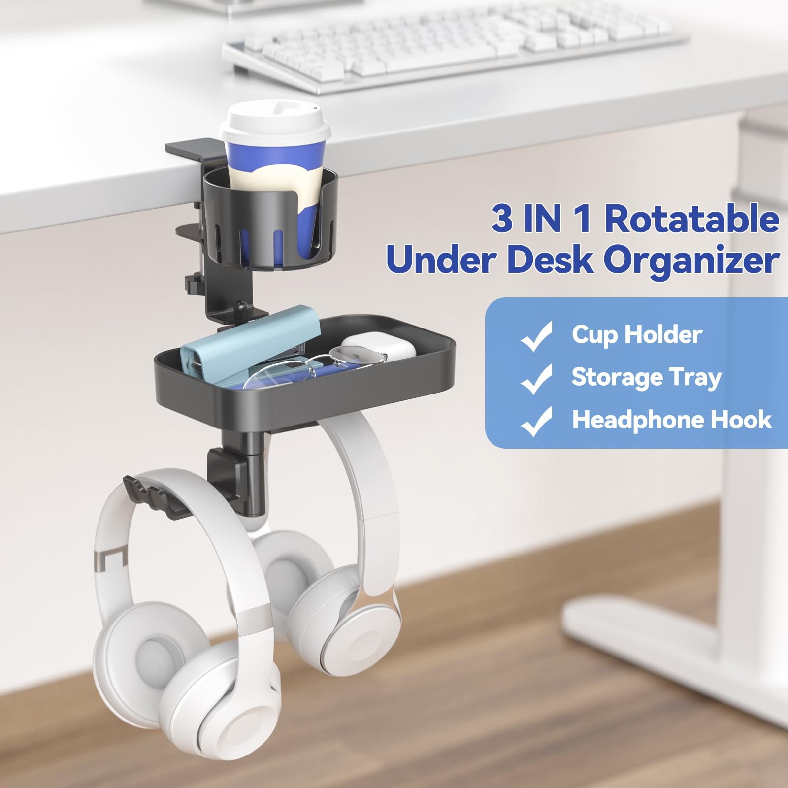 KDD Desk Cup Holder with 2 Headphone Hook, Rotating Pencil Holder and Detachable Drawer Tray - Image 2