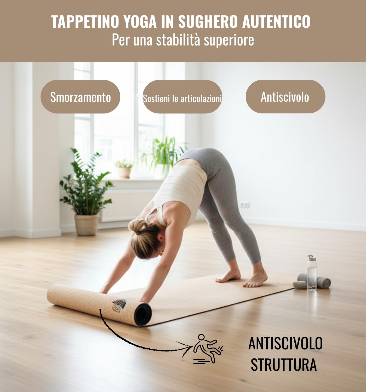 Tappetino yoga sughero antiscivolo 6 mm Ecologico TPE per Pilates Fitness 183x60 cm superficie naturale Resistente e Lavabile Ideale per casa palestra mindfulness - chi-enterprise
