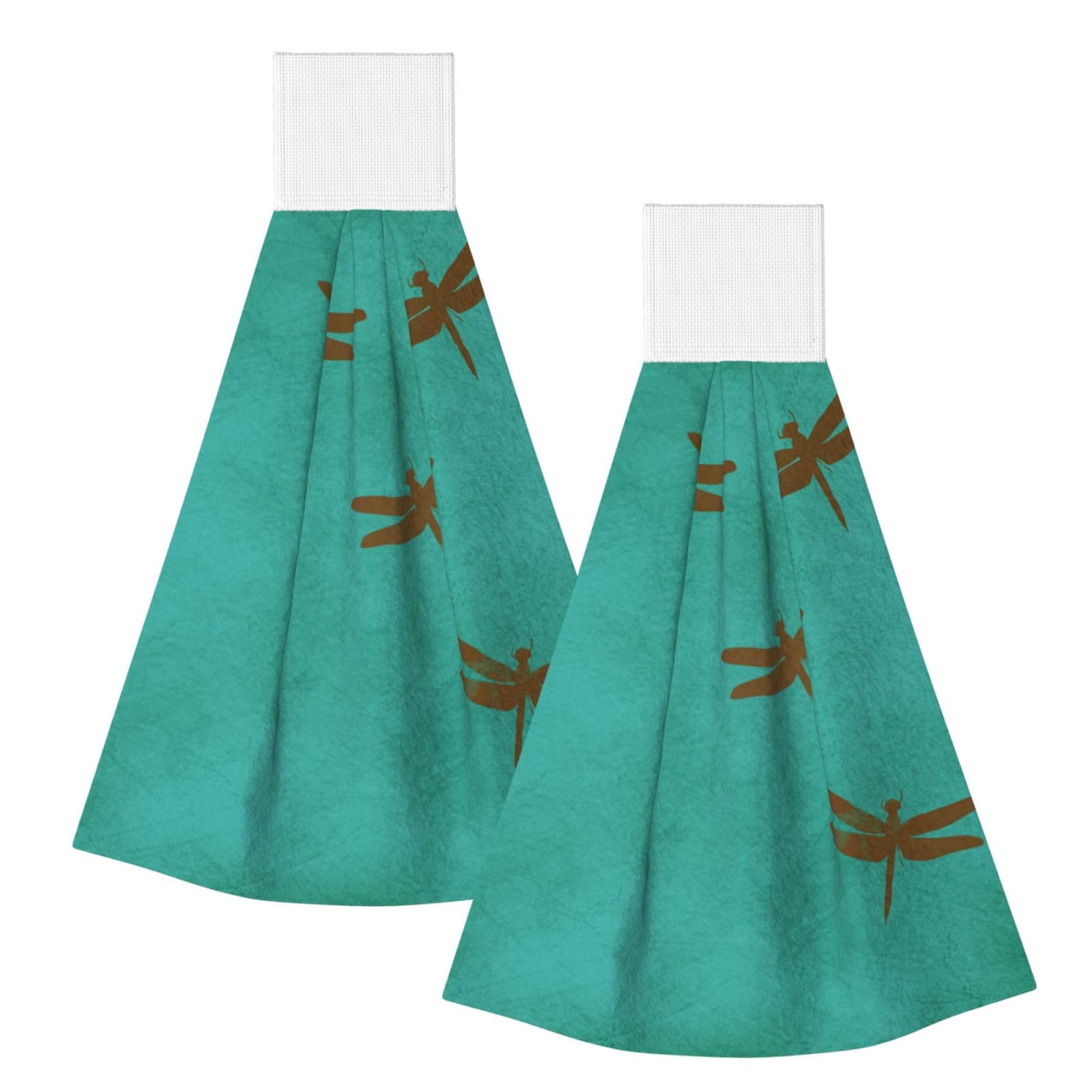 DOPKLNA Dragonflies And Teal Coloured, 2 Pcs Hanging Coral Fiber Hand Towels for Bathroom, Absorbent Kitchen Towels