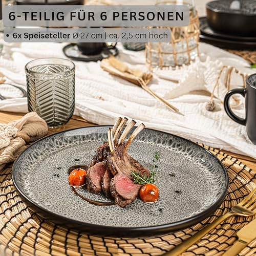 Sänger Sydney | Teller Set 6 Personen, Steingut Geschirr Set 6 teilig, Speiseteller Essteller Dinner Set kratzfest, Plates Set spülmaschinenfest, Steingut Speise Teller dunkel grau | VALUE COLLECTION