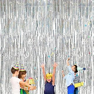 TSHAOUN 2 pack Foil Fringe Shimmer Curtains 3ft x 8.3ft Sparkle Tinsel Metallic Curtains for Birthday Wedding Party Xmas Door Window Decorations (Silver)