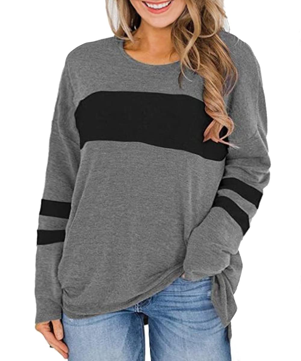 Plus Size Color Block Full Sleeve Side Split Tee Shirt Casual Grey & Black Tunic Tops Casual Fall Blouse 3XL 22w 24w Crew Neck Tee Pullover Sweatershirt