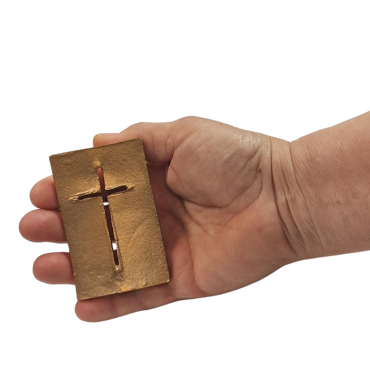Herzmensch Kleines goldenes Kreuz 5,5 x 8,5 cm zum Hinstellen aus massiver Bronze - modern, edel, stehend als religiöses Geschenk zur Hochzeit, Kommunion, für Priester