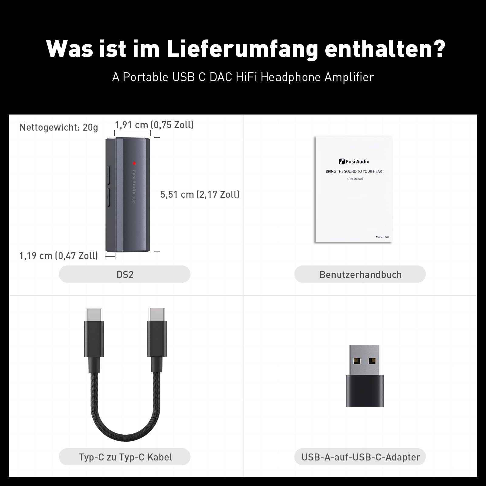 Fosi Audio DS2 Kopfhörerverstärker DAC 3,5 mm USB C Klinke Audioadapter Tragbarer Verstärker mit Dual-Ausgang DSD256 4,4 mm symmetrischer hochauflösender CS43131 Chip für iPhone iPad