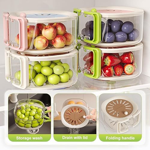 Miniatura 5 de Cesta de drenaje y conservación 2 en 1, cuenco multifuncional para lavar frutas y verduras con tapa de colador y mango plegable, cesta de lavado de