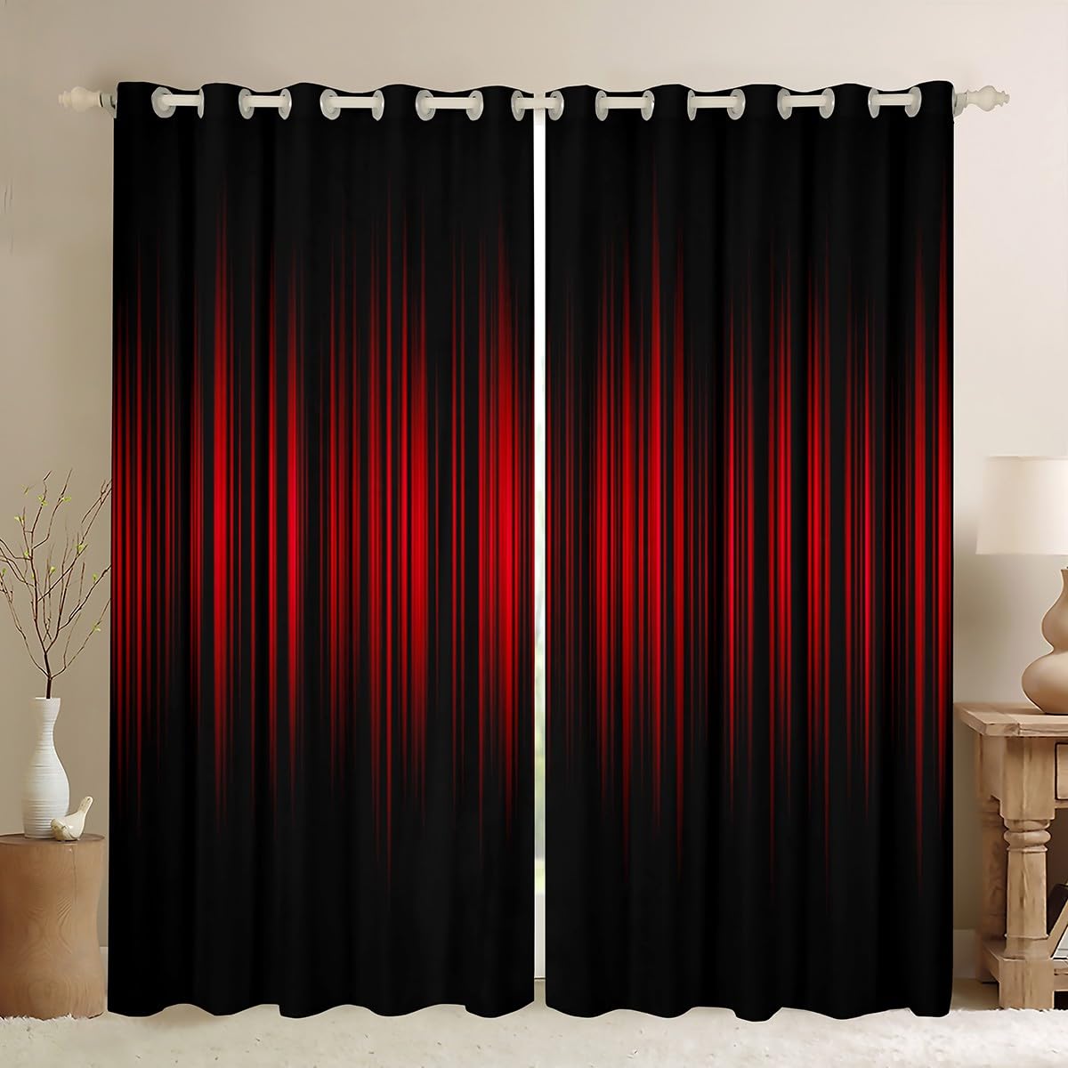 Homemissing Red and Black Ombre Window Curtains Geometric Abstract Ombre Darkening Dreapes Red and Black Striped Blackout Curtains for Kids Boys Girls Stripes Window Treatments W52*L63