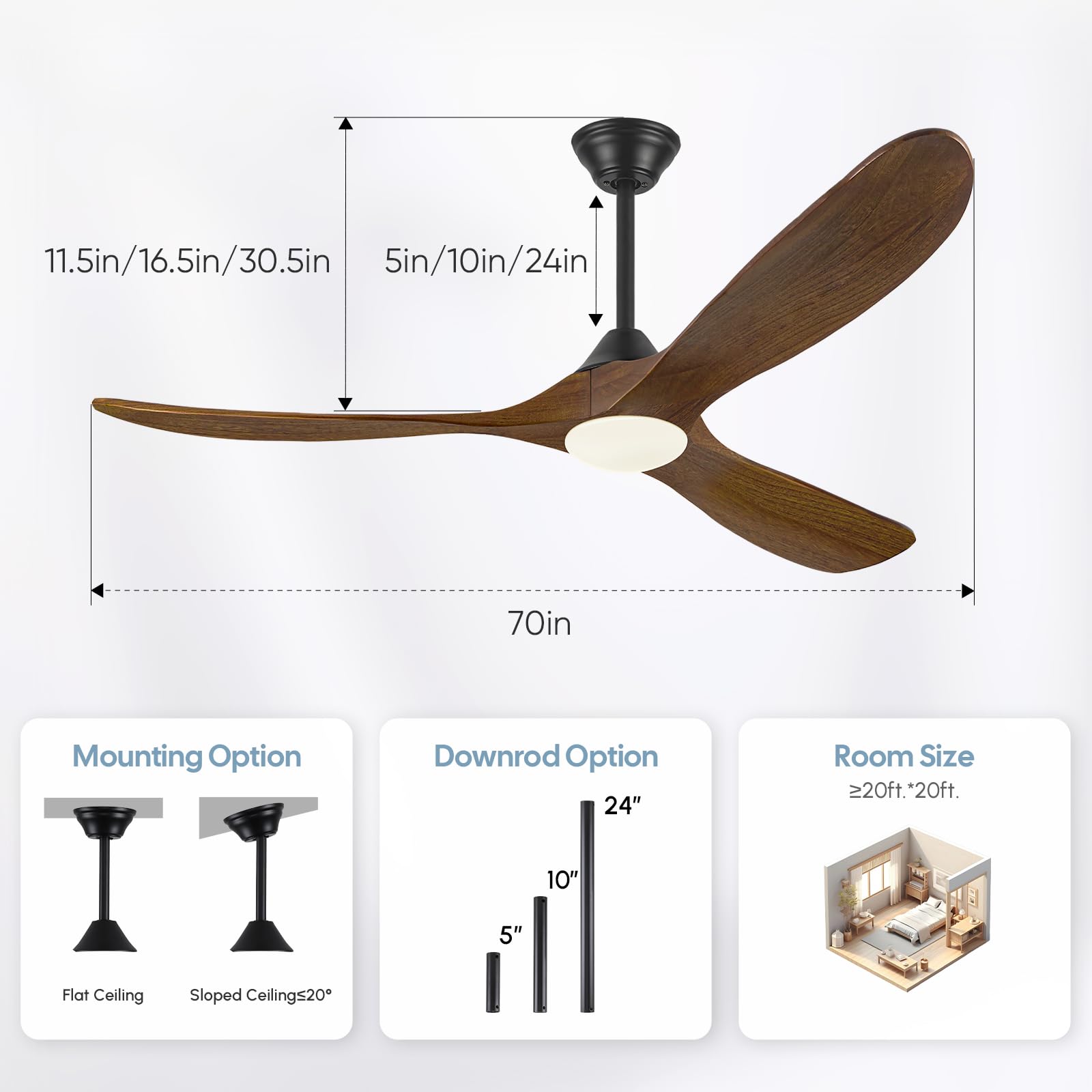 Ventilador De Techo De Madera De 178 Cm, Ventilador De Techo Exterior De 3 Aspas Con Luz, Control Remoto, Interior De Cc Silencioso Moderno, Temporizador De 6 Velocidades, Con 3 Barras Para Colgar