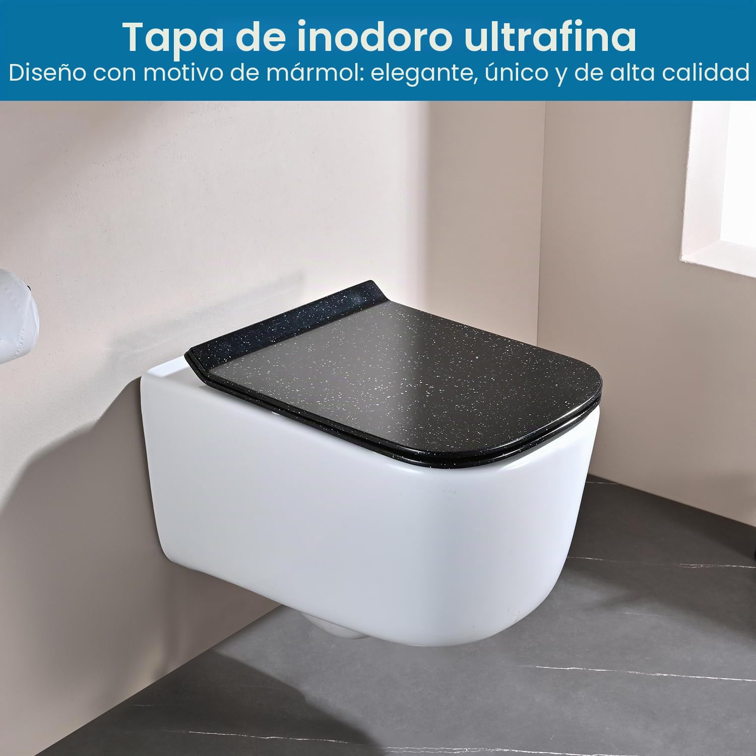 Tapa Wc Forma Cuadrado Ultrafino [CORTO], Asiento de Inodoro Cuadrado con Cierre Suave y Liberación Rápida para una Fácil Limpieza,Universal para Inodoros de Forma Cuadrada, Negro