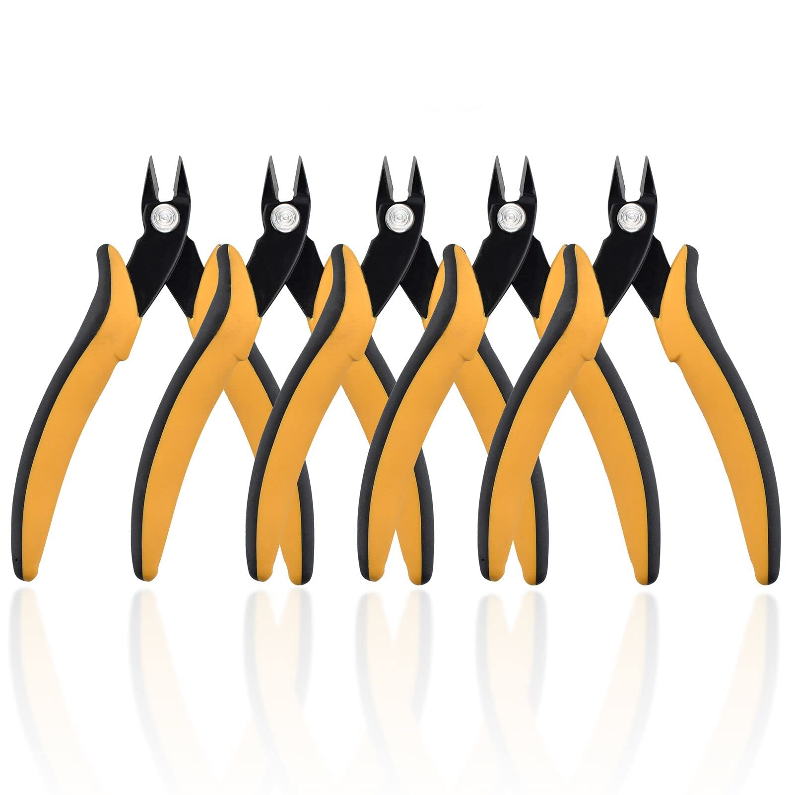 YUFANYA 5PCS Flush Cutters,Wire Cutters for Side Cut,Nut Cut with Softy Anti-Slip Handle and Internal Spring Wire Clippers,Heat Treated Carbon Steel Made Snippers(Yellow& Black), 5Pack